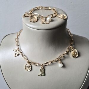 Gold Charm Necklace and Bracelet Set